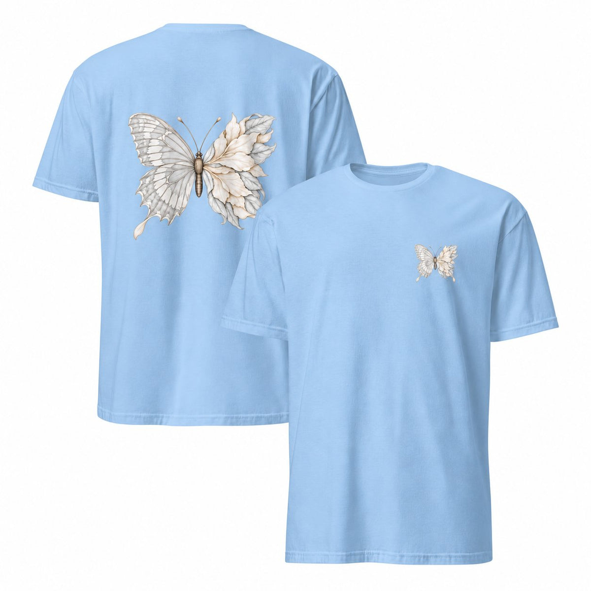 WINGAVELLE light blue butterfly T-shirt — front and back product mockup